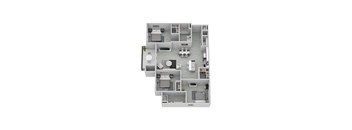 A floor plan of a house with a kitchen, living room, dining room, and two bedrooms.