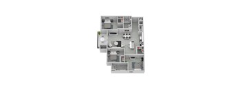 A 3D floor plan of a small apartment with a kitchen, three bedrooms, living room, and bathroom at The Austin in Opelika, AL.