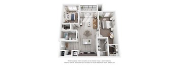 A 3D floor plan of a house with a kitchen, living room, and two bedrooms.