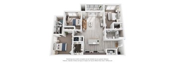 A 3D floor plan of a house with a kitchen, living room, and two bedrooms.