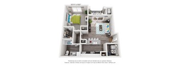 A 3D floor plan of a small apartment with a kitchen, living room, and bathroom.