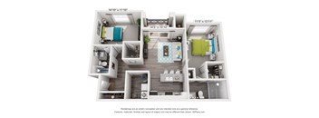 A 3D floor plan of a small apartment with a kitchen, living room, and bedrooms.