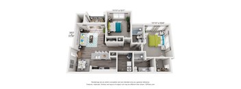 A 3D floor plan of a small apartment with a kitchen, living room, and bedrooms.