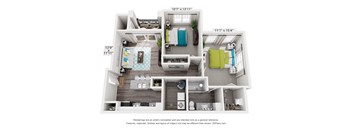 A 3D floor plan of a small apartment with a living room, kitchen, and bathroom.