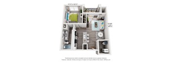 A 3D floor plan of a small apartment with a kitchen, living room, and bathroom.
