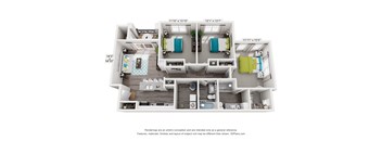 A 3D floor plan of a house with dimensions and furniture placement.