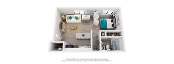 a stylized floor plan with a bedroom and a living room