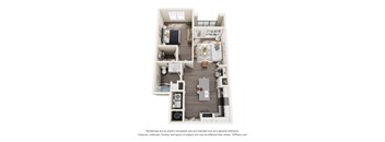 A floor plan of a small apartment with a kitchen, living room, and bathroom.