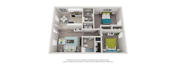 a 3d floor plan of a 3 bedroom apartment
