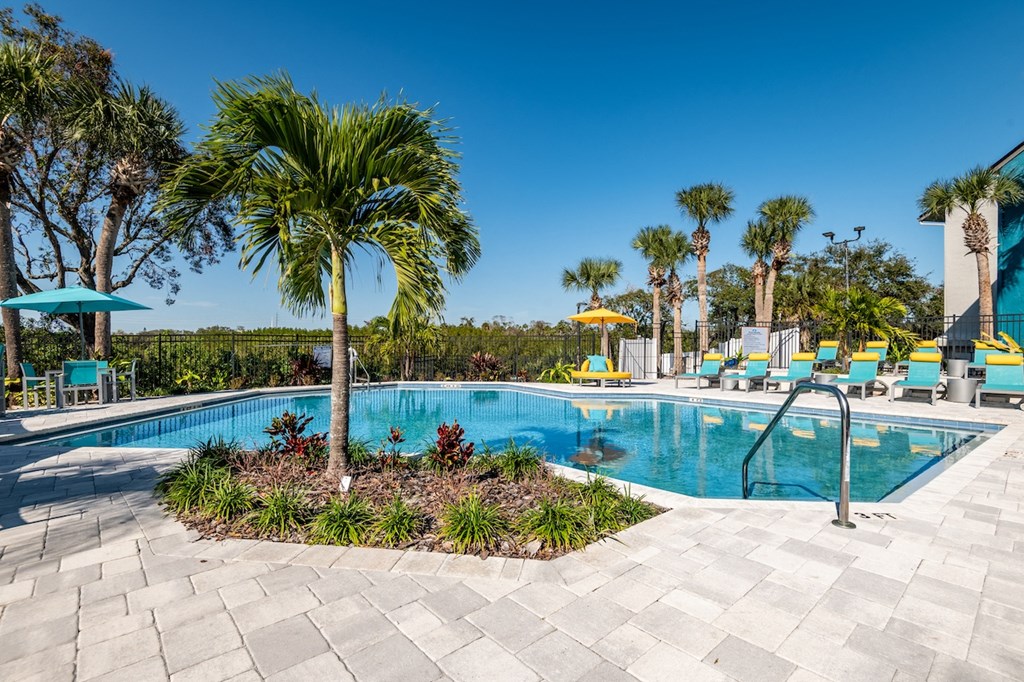 a resort style swimming pool with chaise lounge chairs and palm trees