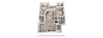 A 3D floor plan of a house with a kitchen, living room, and two bedrooms.