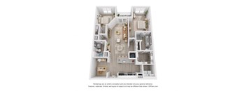 A 3D floor plan of a house with a kitchen, living room, and two bedrooms.