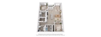A 3D floor plan of a small apartment with a kitchen, living room, and bathroom.