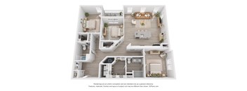 A 3D floor plan of a house with multiple rooms and furniture.