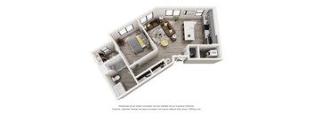 A 3D floor plan of a house with a living room, kitchen, and two bedrooms.