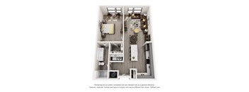 A 3D floor plan of a small apartment with a kitchen, living room, and two bedrooms.