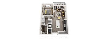 A 3D floor plan of a small apartment with a kitchen, living room, and bathroom.