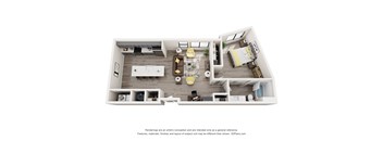 A 3D floor plan of a house with a kitchen, living room, dining room, and bedrooms.