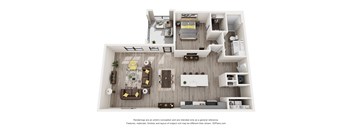 A 3D floor plan of a house with a kitchen, living room, and dining area.