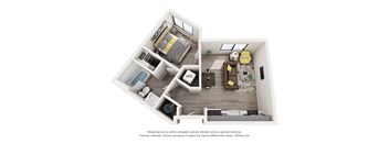 A 3D floor plan of a small apartment with a kitchen, living room, and bathroom.