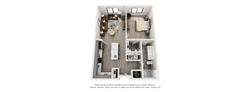 A floor plan of a small apartment with a kitchen, living room, and bedroom.