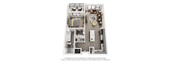 A 3D floor plan of a house with a kitchen, living room, and two bedrooms.