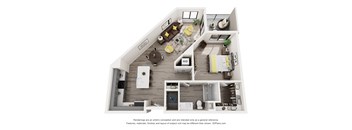 A 3D floor plan of a house with a kitchen, living room, and bathroom.