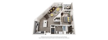 A 3D floor plan of a house with a kitchen, living room, and bathroom.