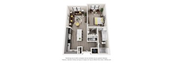 A floor plan of a two-story apartment with a living room, kitchen, dining room, and bedrooms.