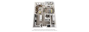 A 3D floor plan of a house with a kitchen, living room, and two bedrooms.
