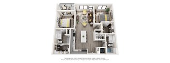 A 3D floor plan of a house with a kitchen, living room, and two bedrooms.