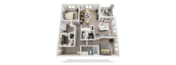 A 3D floor plan of a house with a kitchen, living room, and two bedrooms.
