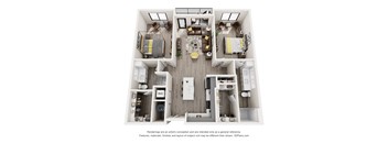A 3D floor plan of a house with a kitchen, living room, and two bedrooms.