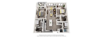 A 3D floor plan of a house with a kitchen, living room, and two bedrooms.
