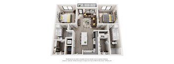 A 3D floor plan of a house with a kitchen, living room, and two bedrooms.