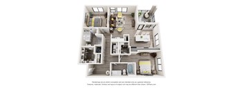 A 3D floor plan of a house with a kitchen, living room, and bedrooms.