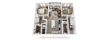 A 3D floor plan of a small apartment with a kitchen, living room, and two bedrooms.