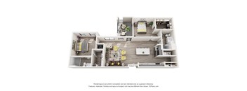 A 3D floor plan of a house with a living room, kitchen, dining room, and bedrooms.