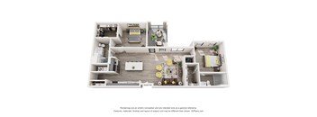 A 3D floor plan of a house with a kitchen, living room, and two bedrooms.