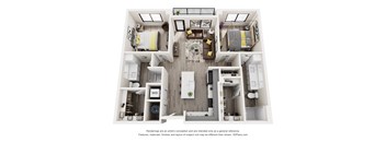 A 3D floor plan of a house with a kitchen, living room, and two bedrooms.