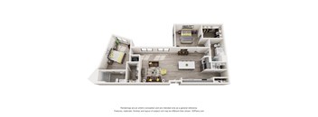 A 3D floor plan of a house with a kitchen, living room, and two bedrooms.