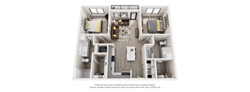 A 3D floor plan of a house with a kitchen, living room, and two bedrooms.