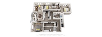 A 3D floor plan of a house with multiple rooms and furniture.