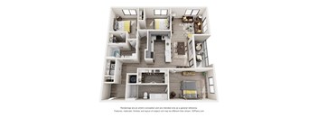 A 3D floor plan of a house with multiple rooms and furniture.