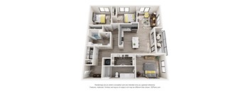 A 3D floor plan of a house with multiple rooms and furniture.