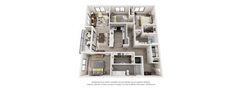 A 3D floor plan of a house with multiple rooms and furniture.