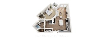 A 3D floor plan of a house with a kitchen, living room, and bedrooms.