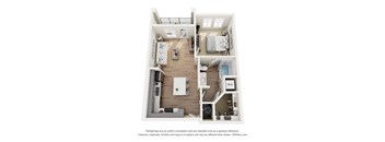 A 3D floor plan of a small apartment with a kitchen, living room, and bathroom.