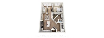 A 3D floor plan of a small apartment with a kitchen, living room, and bathroom.