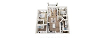 A 3D floor plan of a house with a kitchen, living room, and bedrooms.